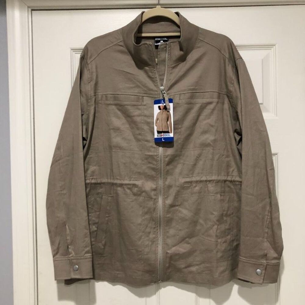NWT 32 Degrees Cool Tan Drawstring Linen Cotton Blend Jacket Trench Coat Large